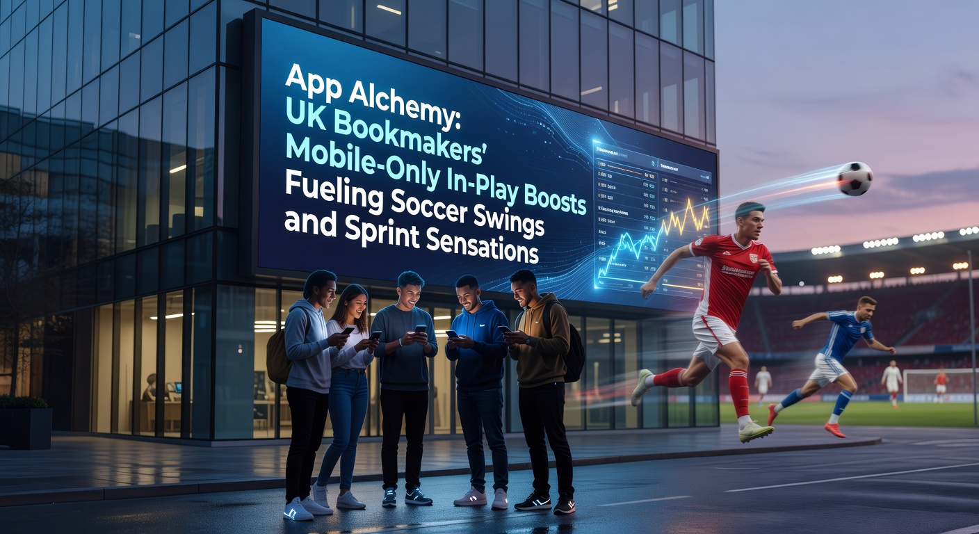 Mobile phone screen showing in-play soccer betting odds with a bookmaker app boost notification overlay, highlighting soccer swings and sprint race action