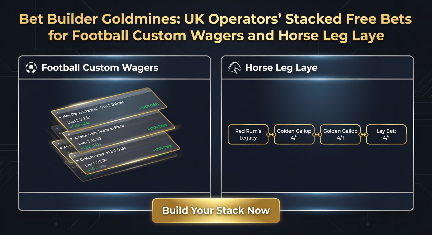 Horse racing betting slip on a UK operator site showing a four-leg accumulator with free bet multipliers highlighted for each successful leg, set against a backdrop of galloping thoroughbreds at a spring flat meeting