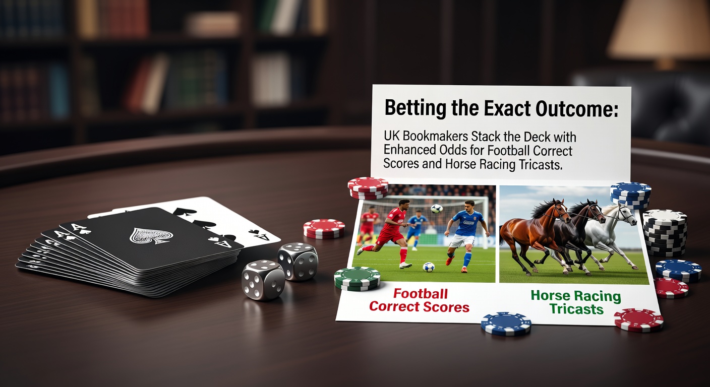 Close-up of a betting slip showing enhanced odds for a football correct score prediction alongside a horse racing tricast payout chart, highlighting UK bookmaker promotions