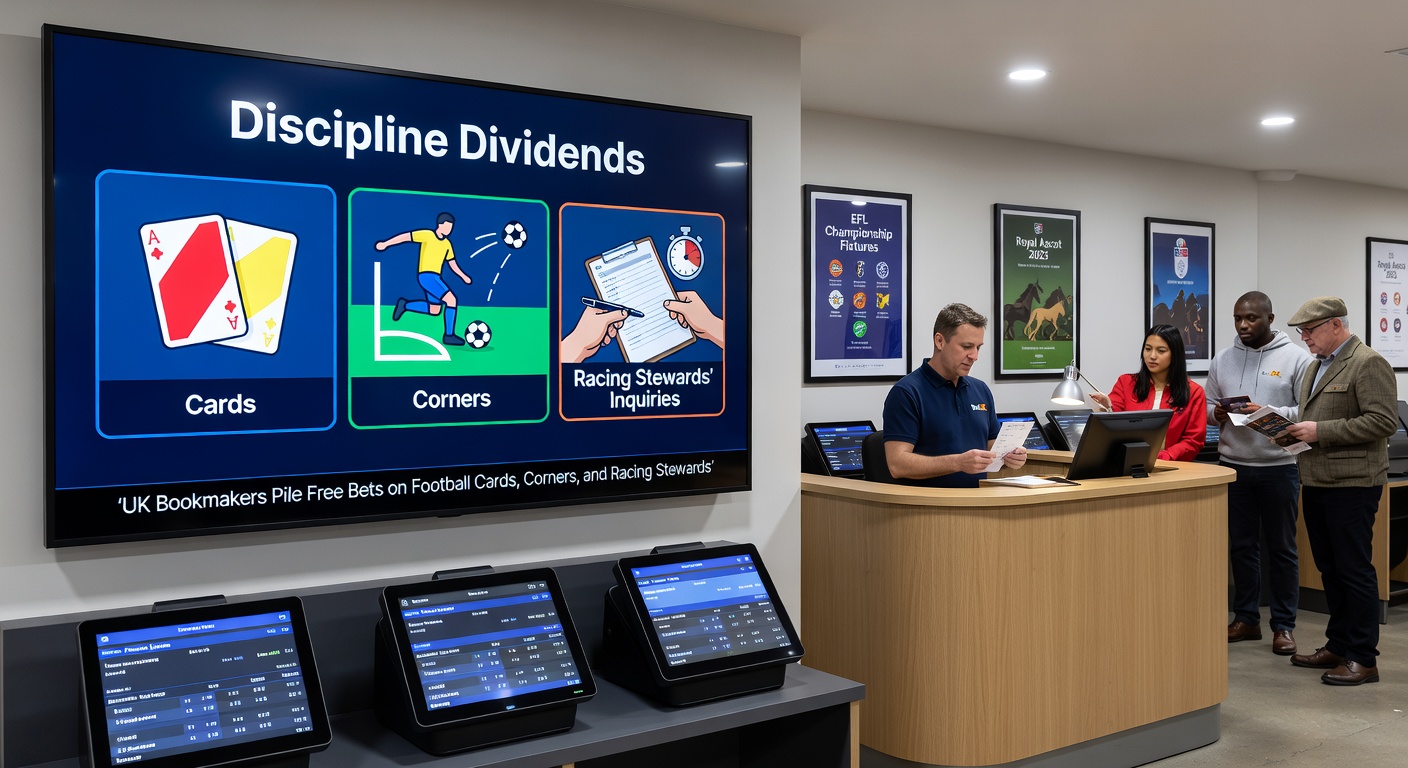 Football match corner kicks leading to bookmaker free bet promotions alongside horse racing steward inquiry visuals