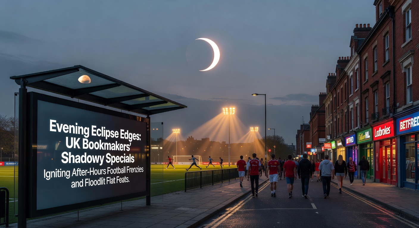 Floodlit football pitch buzzing with evening action, overlaid with bookmaker bonus icons highlighting shadowy specials for after-hours wagers