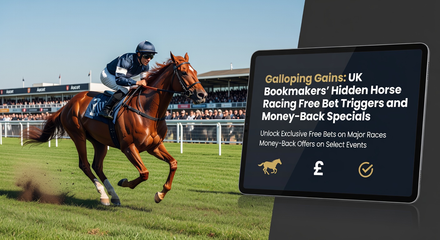 Thrilling finish at a UK horse racing track, punters cheering as horses thunder past the post amid bookmaker banners advertising specials