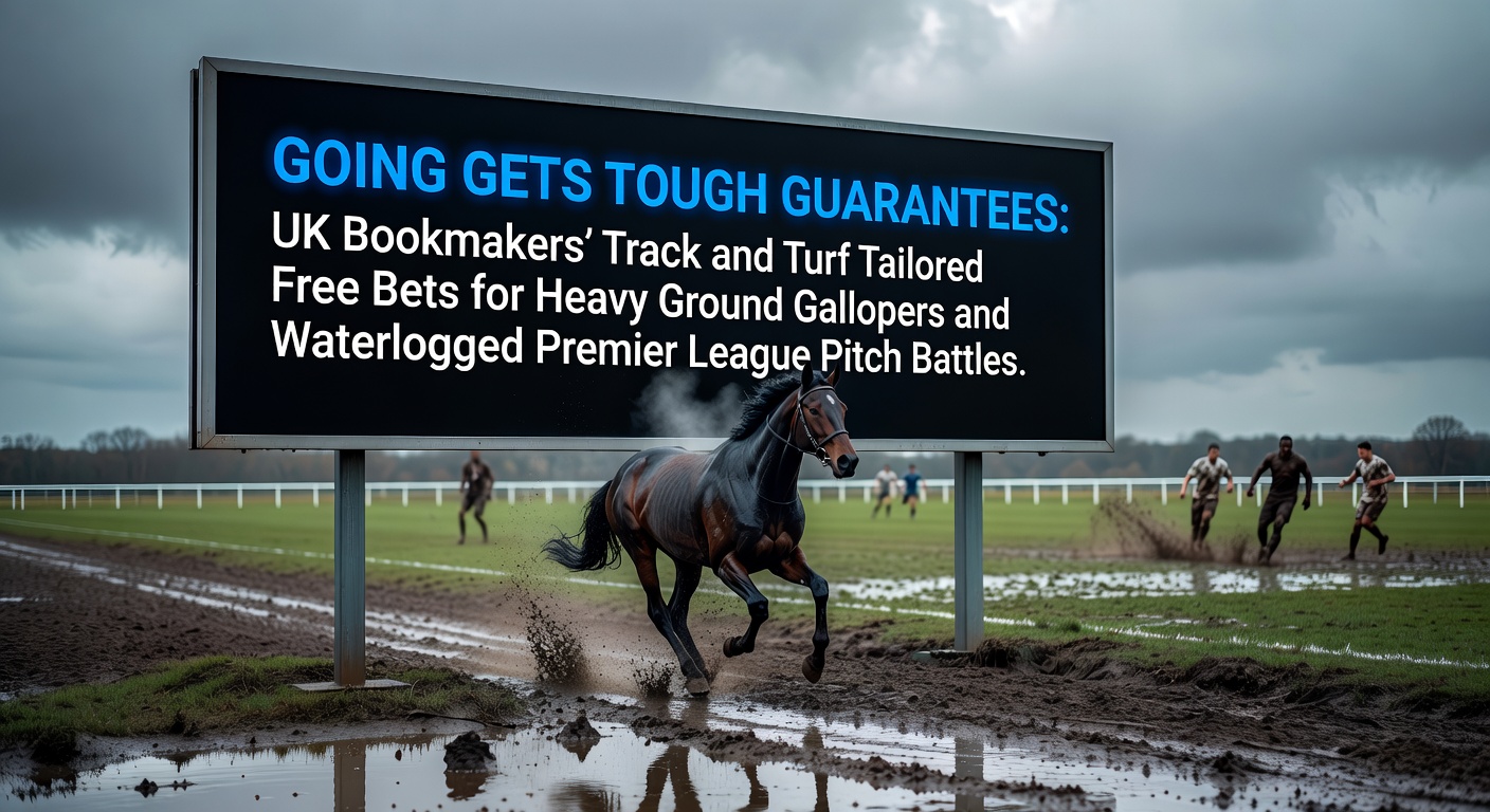 A muddy horse racing track with gallopers splashing through heavy ground under rainy skies, alongside a waterlogged Premier League football pitch during a fierce match