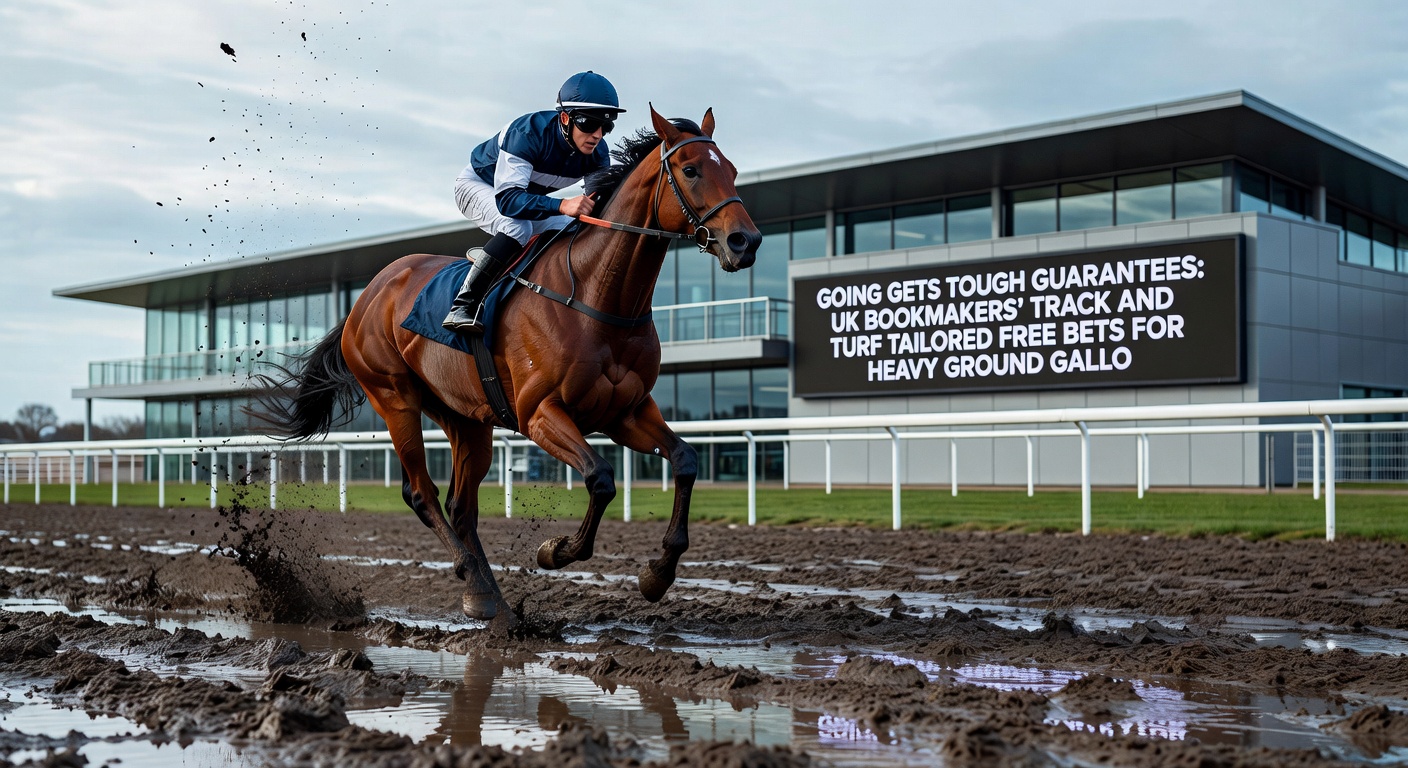 Premier League players battling on a flooded pitch with standing water, contrasted by horses powering through deep mud on a racecourse