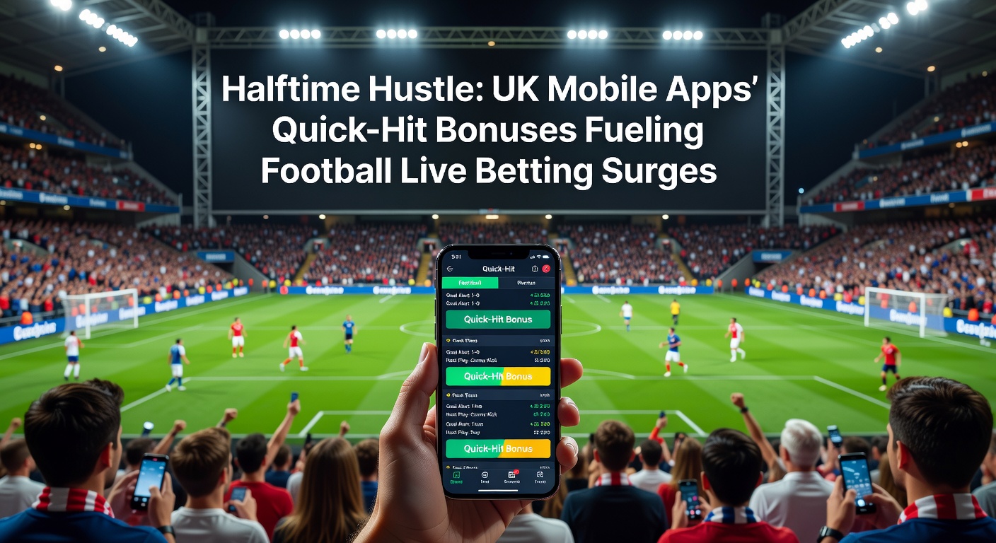 Vibrant stadium scene during football halftime with mobile phones displaying live betting apps and bonus notifications overlayed