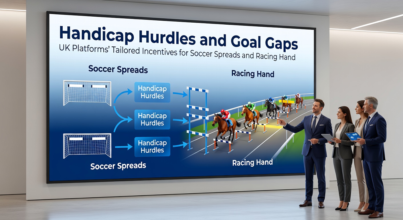 Horse racing handicap field thundering down the straight at a UK track, with betting interfaces showing tailored odds boosts and refund icons