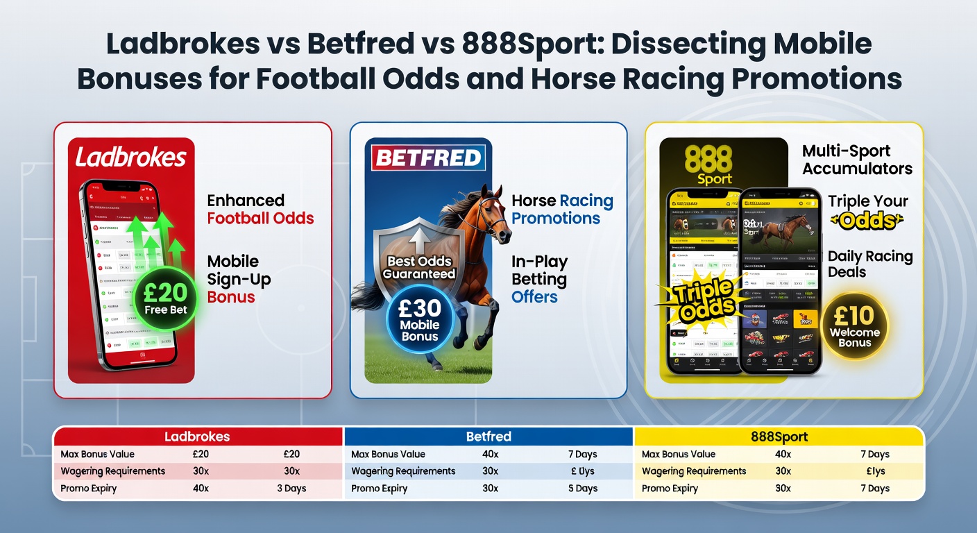 Screenshots of Ladbrokes, Betfred, and 888Sport mobile apps highlighting football odds boosts and horse racing free bet icons