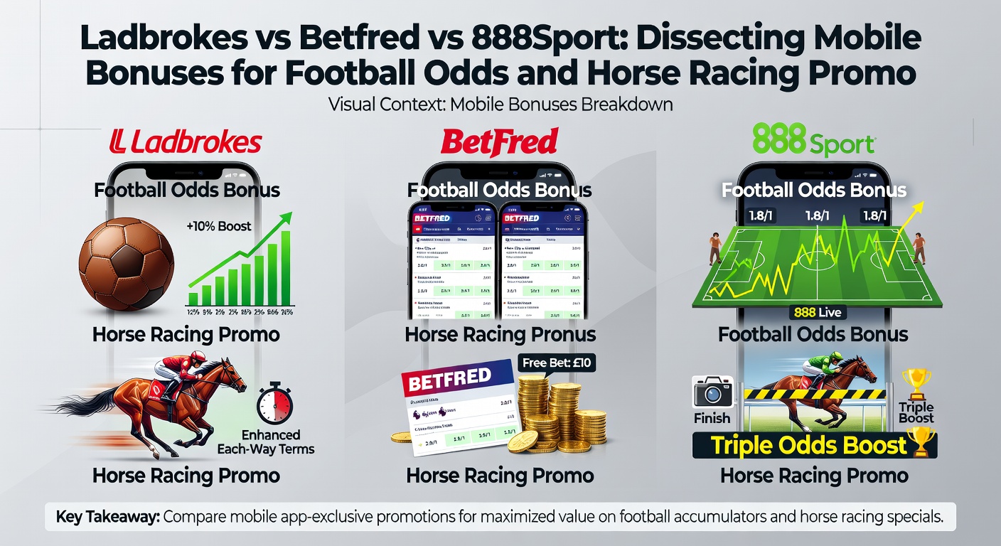 Comparison chart of mobile bonus wagering requirements and payout speeds for Ladbrokes, Betfred, and 888Sport football and racing promos