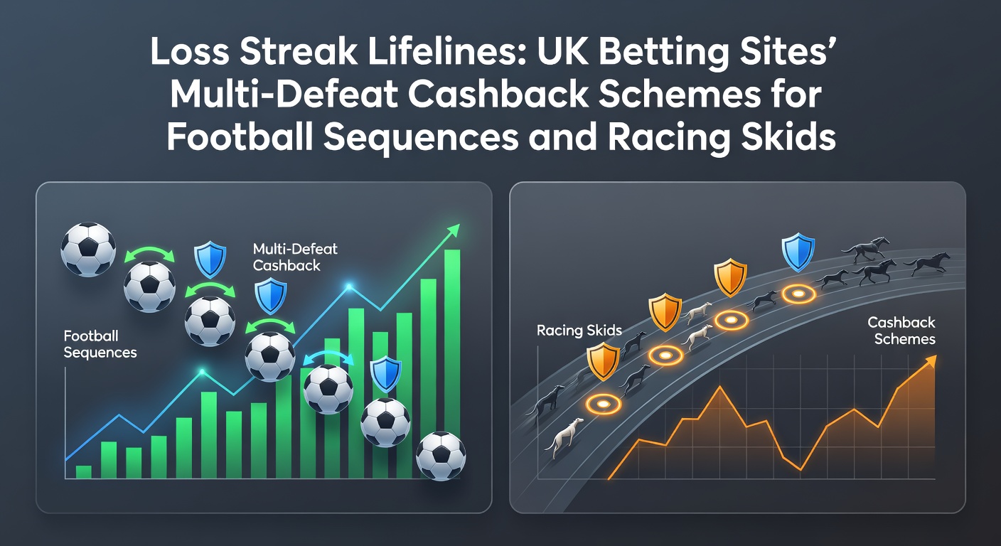 Visual representation of cashback rewards activating after a series of losing football bets and horse racing wagers, showing a lifeline pulling back funds from a downward streak