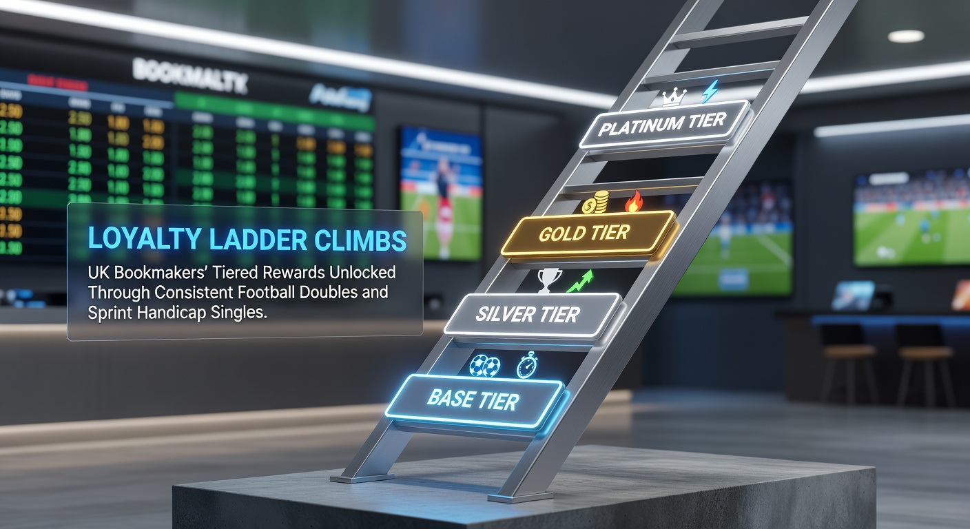 Visual representation of a loyalty ladder ascending through tiers, featuring icons of football pitches and sprinting horses against a backdrop of UK bookmaker logos