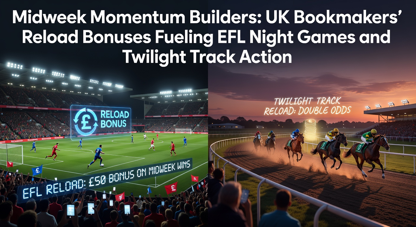 Vibrant stadium lights illuminate an EFL night match while twilight horse racing action unfolds at a UK track, highlighting midweek betting excitement