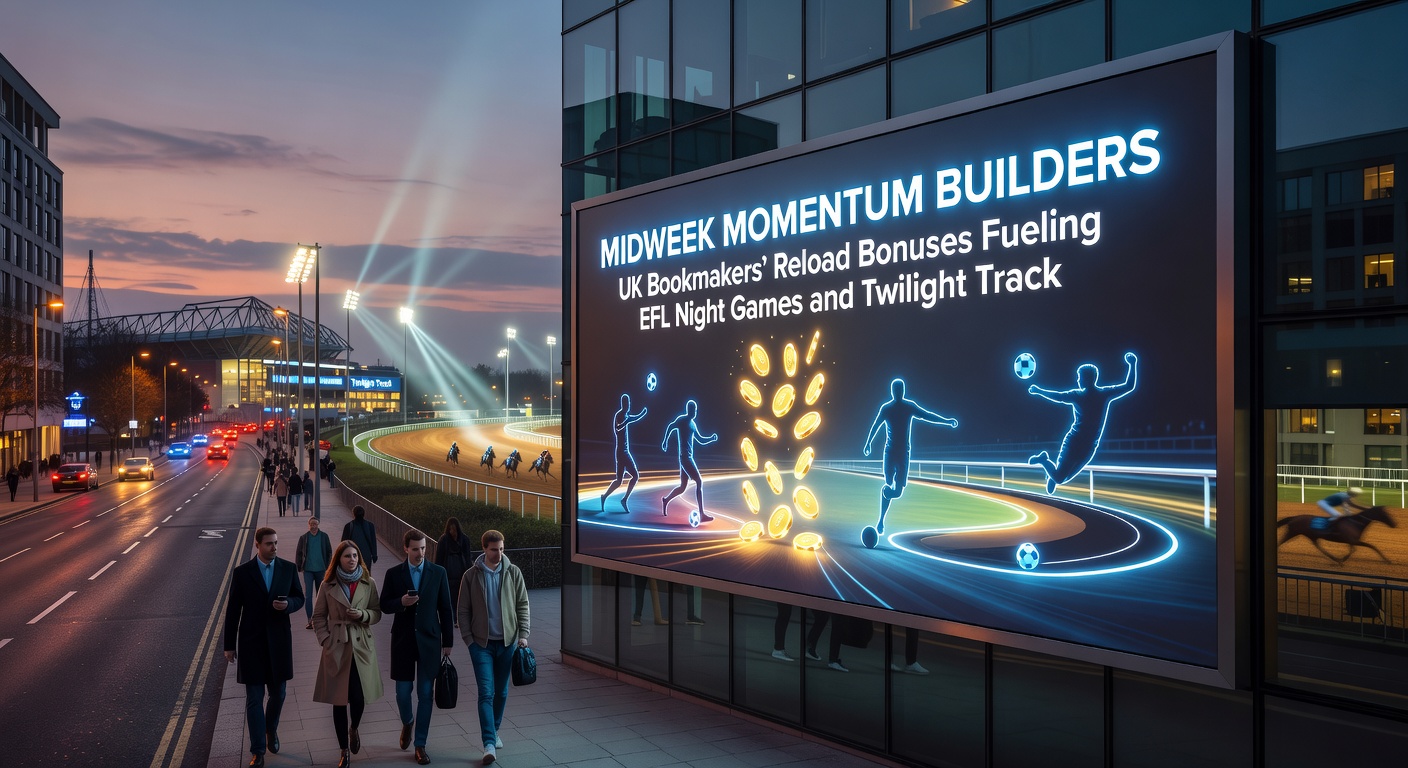 Punters engage with mobile apps under stadium lights for EFL betting, paralleled by twilight horse racing bets on evening cards