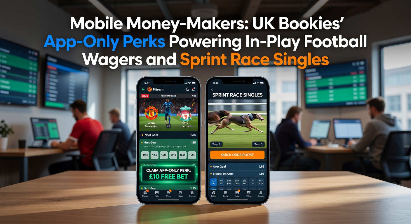 Vibrant mobile app interface displaying live in-play football odds alongside sprint race betting markets from a leading UK bookmaker