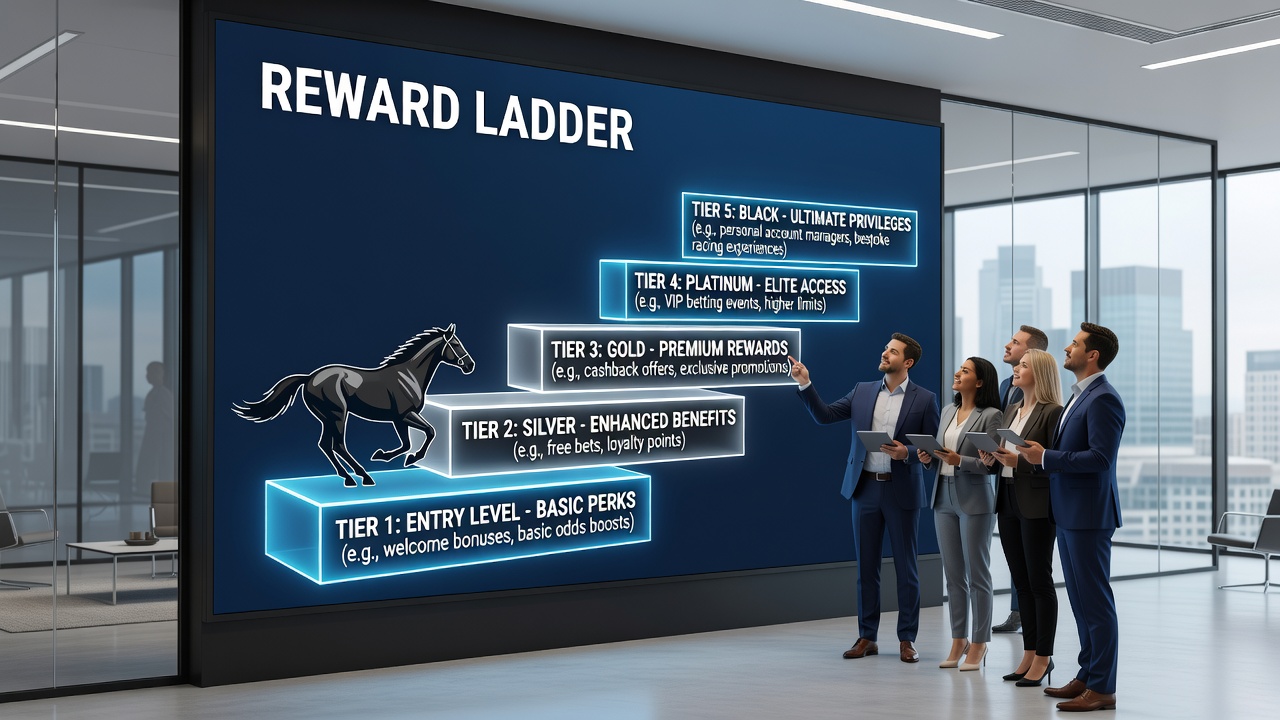 Winter jumps racing scene at a British track with overlaid betting reward tier graphics