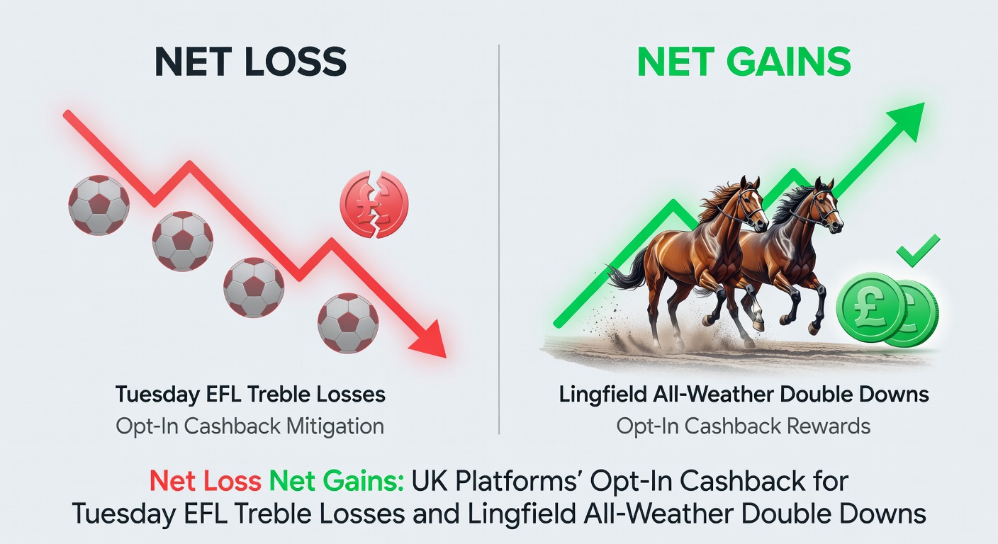 Graphic showing UK betting app screens with cashback icons overlaid on EFL match schedules and Lingfield racecards for Tuesday promotions
