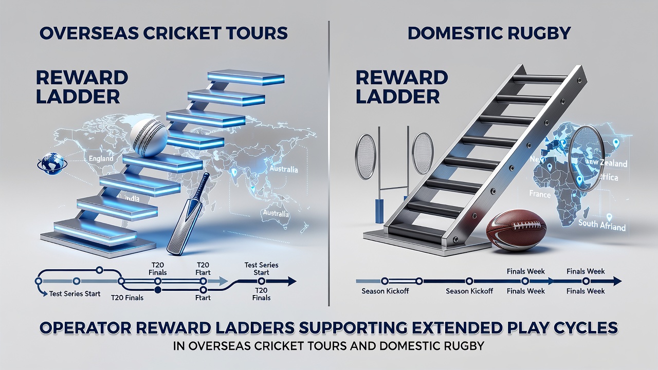 Detailed view of tier progression charts for cricket tours and rugby league rounds