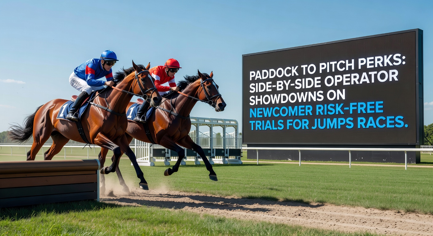 Side-by-side comparison graphic of bookmaker apps displaying risk-free bet offers for a jumps race and a midweek league clash, with icons for refunds and free bet tokens