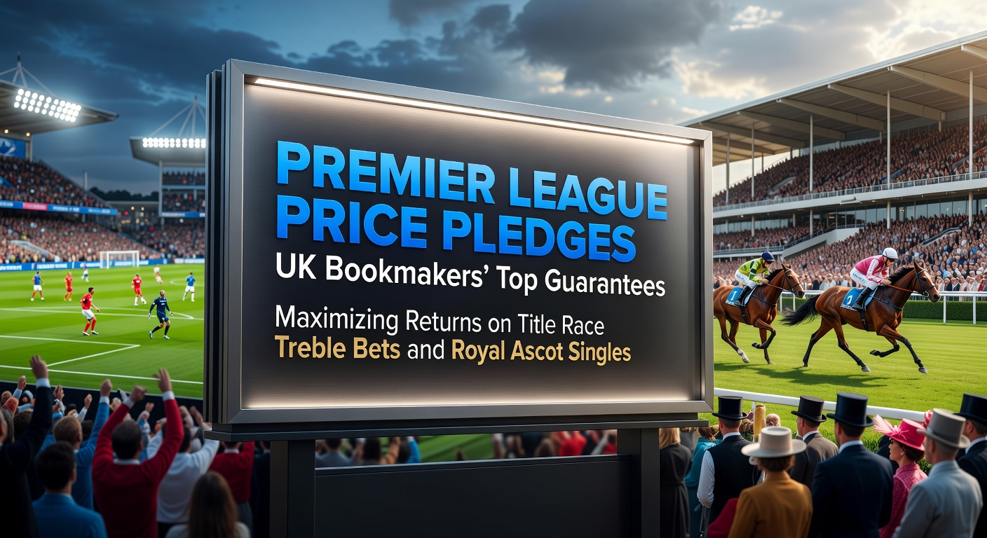 Premier League teams clashing in a tense title race match, overlaid with betting odds screens showing treble selections and bookmaker logos