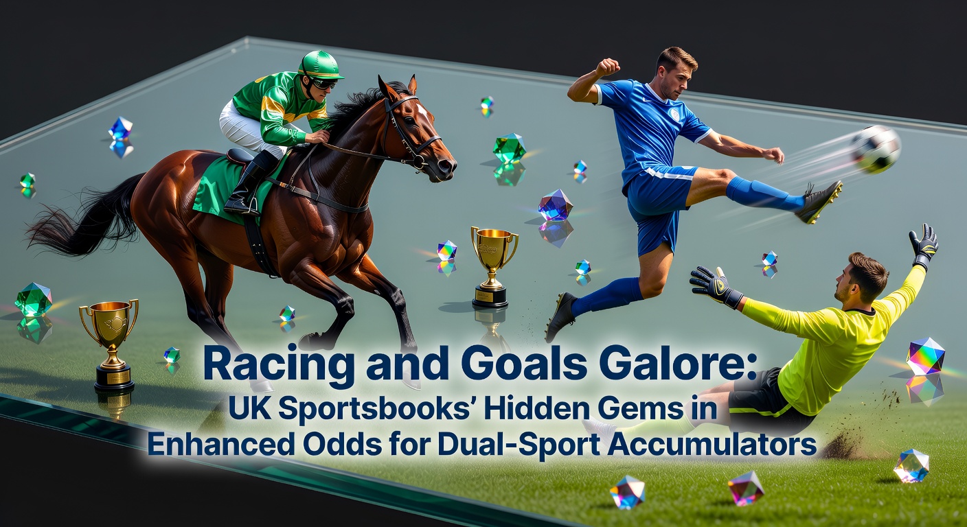 Vibrant graphic showing horse racing action blended with football goals exploding in a dynamic accumulator bet layout, highlighting enhanced odds boosts from UK sportsbooks