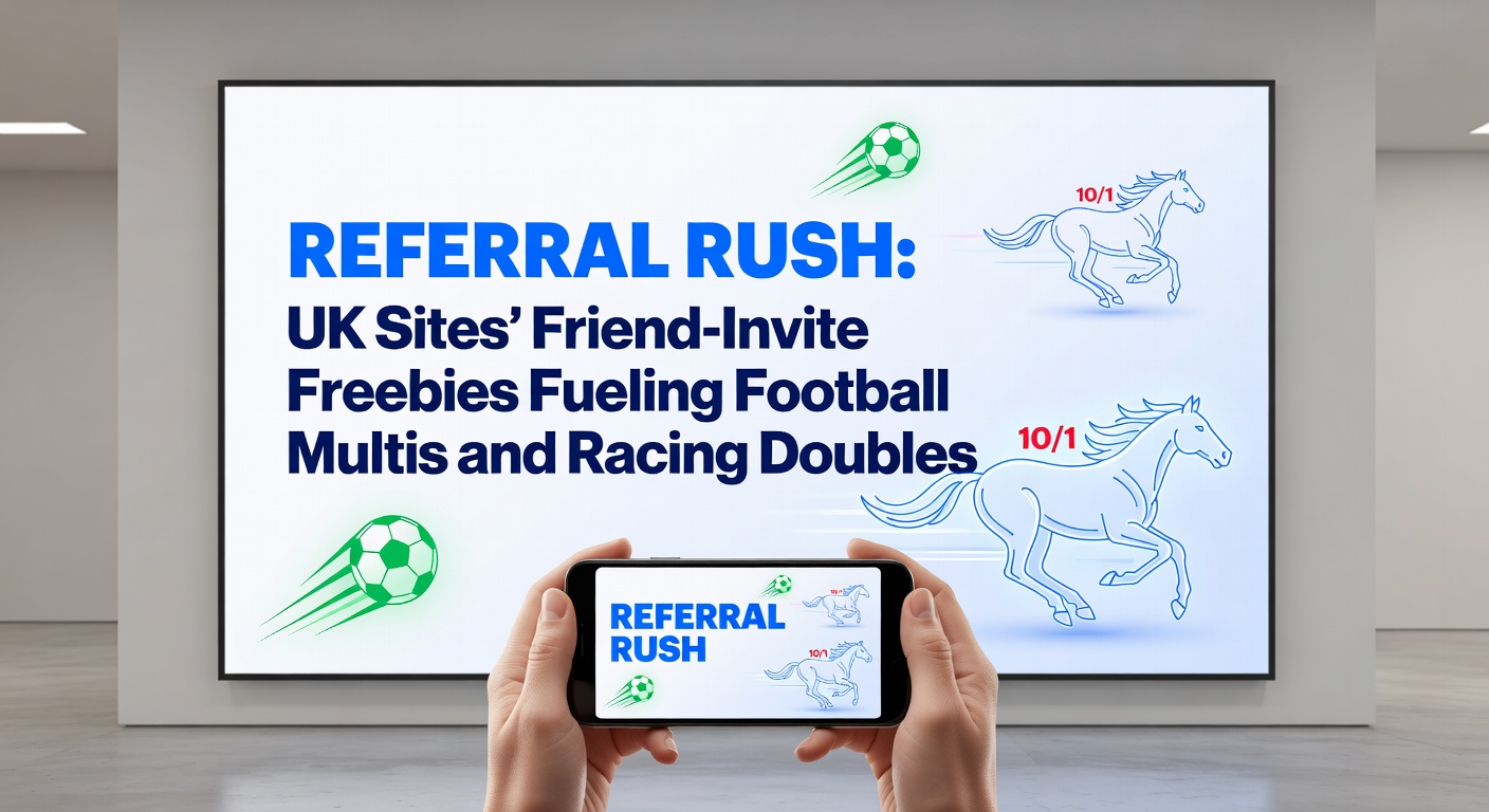 Graphic showing friends sharing betting referral links on mobile phones with football and horse racing icons in the background