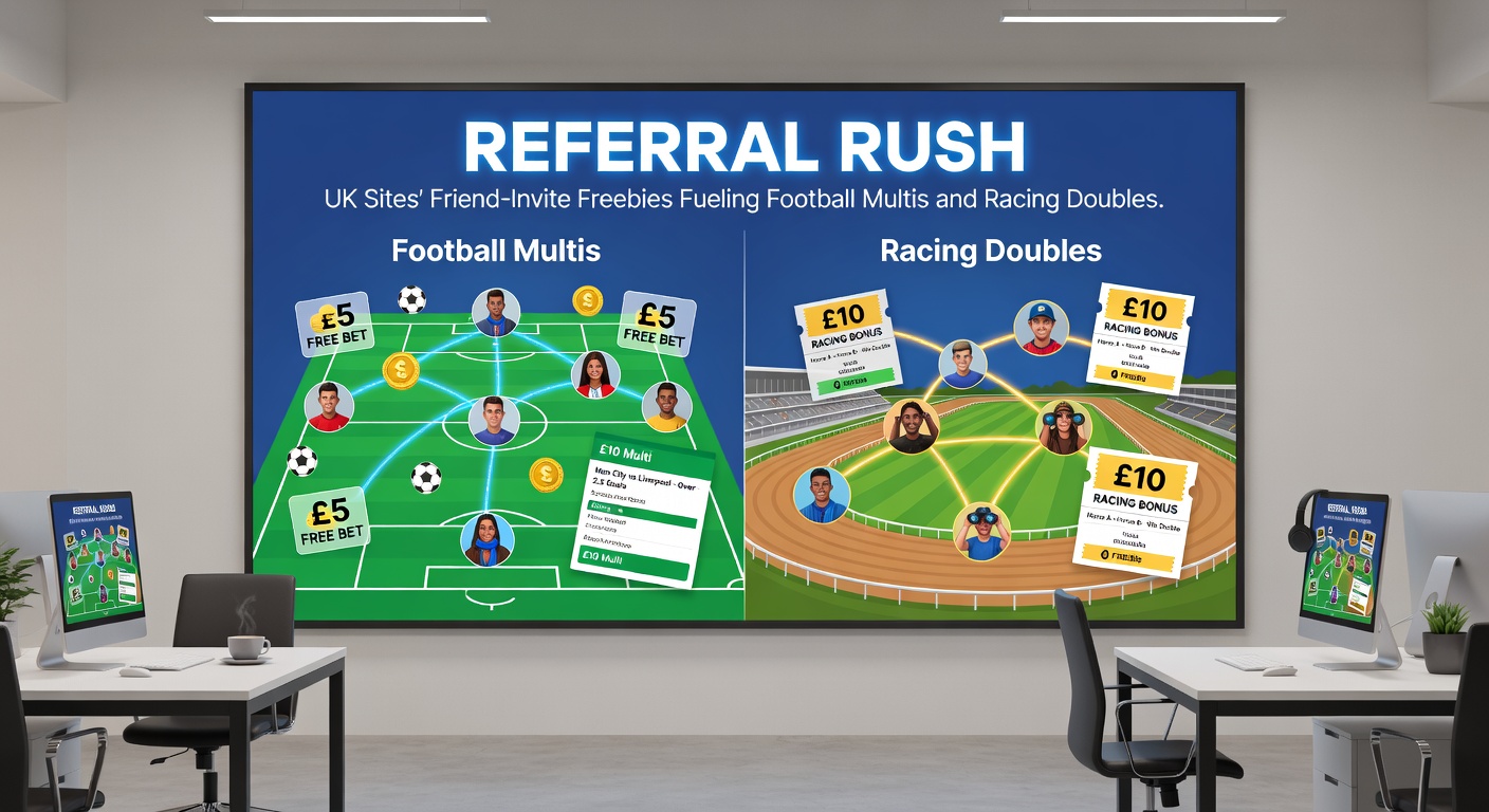 Illustration of a football accumulator bet slip built with referral free bet tokens alongside a horse racing double ticket