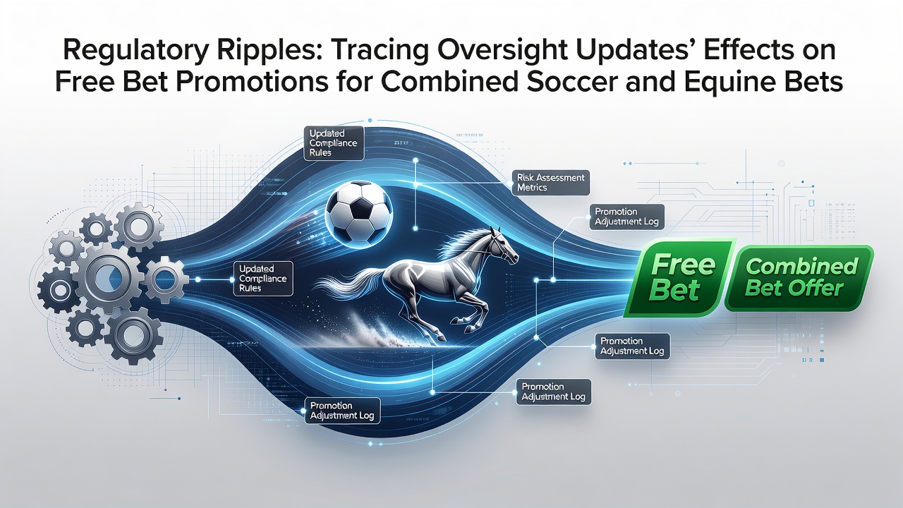 Regulatory documents and betting promotion graphics spread across a desk with soccer and horse racing imagery in the background