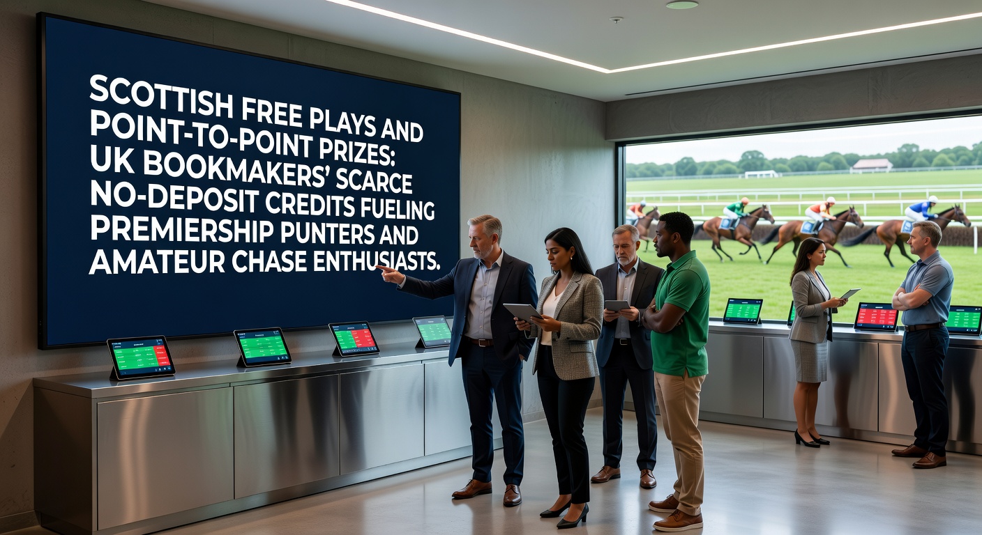 Punters engaging with Scottish Premiership matches and point-to-point races, highlighting no-deposit betting credits from UK bookmakers
