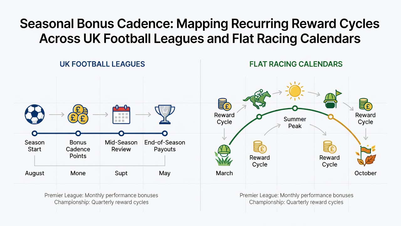 UK football stadium and flat racing track side by side showing seasonal betting patterns