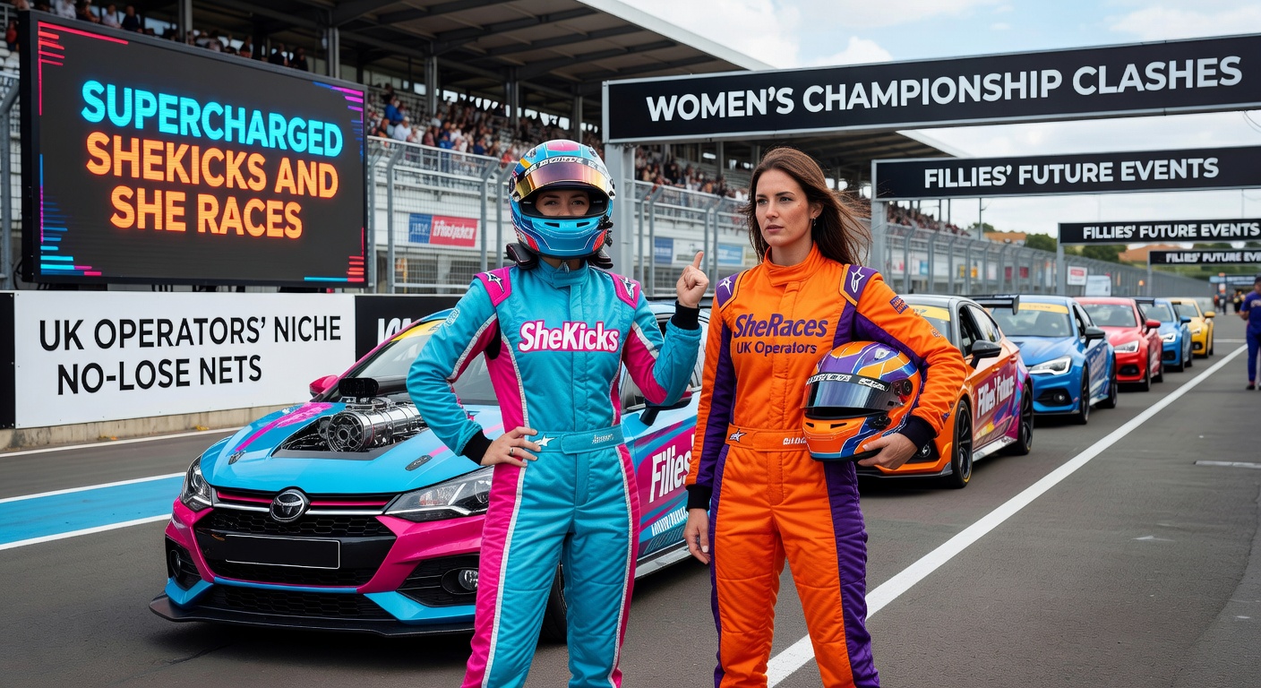 Vibrant stadium scene from a women's football championship match overlaid with horse racing fillies at the starting gate, highlighting UK betting promotions