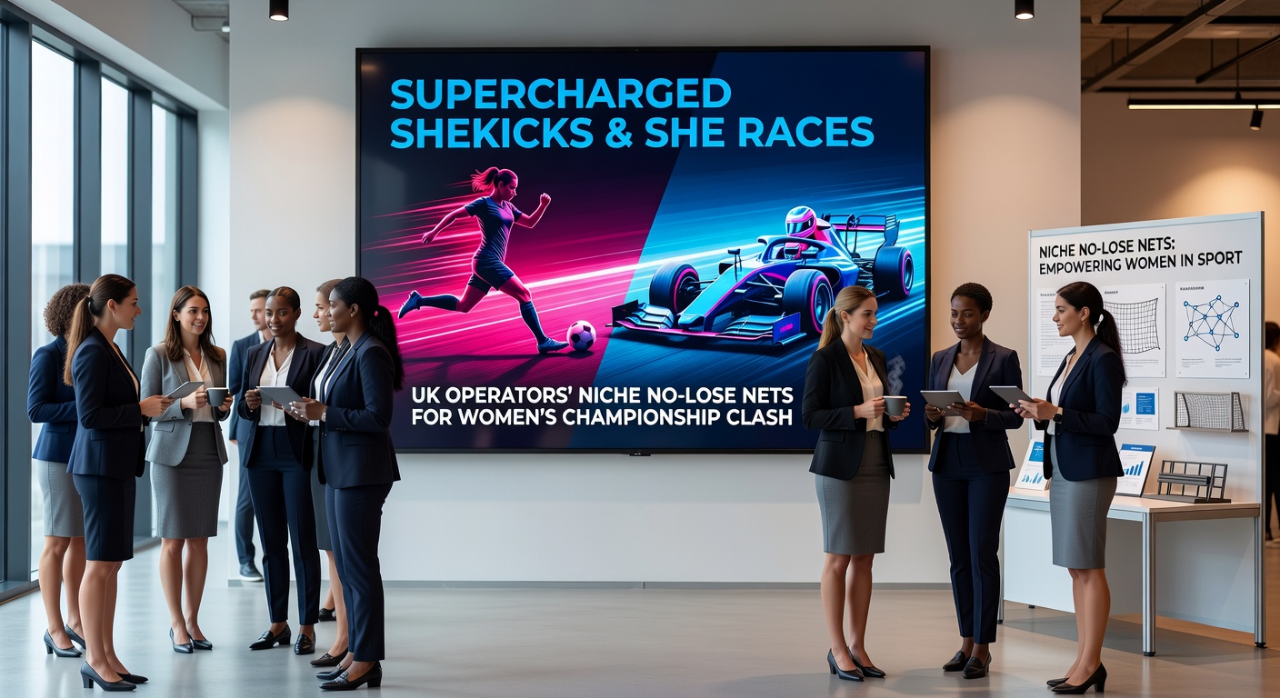 Close-up of a field of young fillies charging down the track during a future event trial, with overlaid graphics showing no-lose bet refunds from UK bookmakers