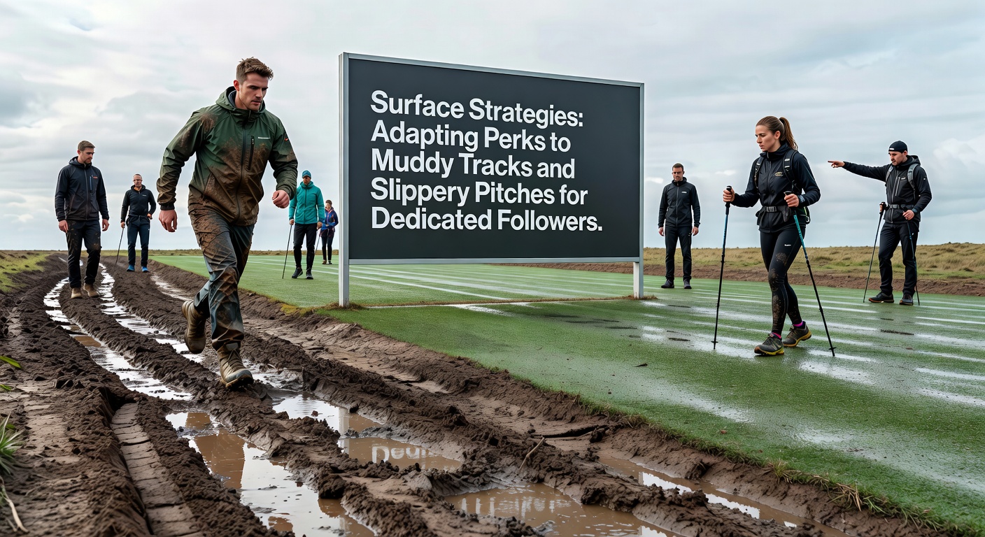 Muddy horse racing track with adapted betting promotions visible on mobile app screens during wet conditions
