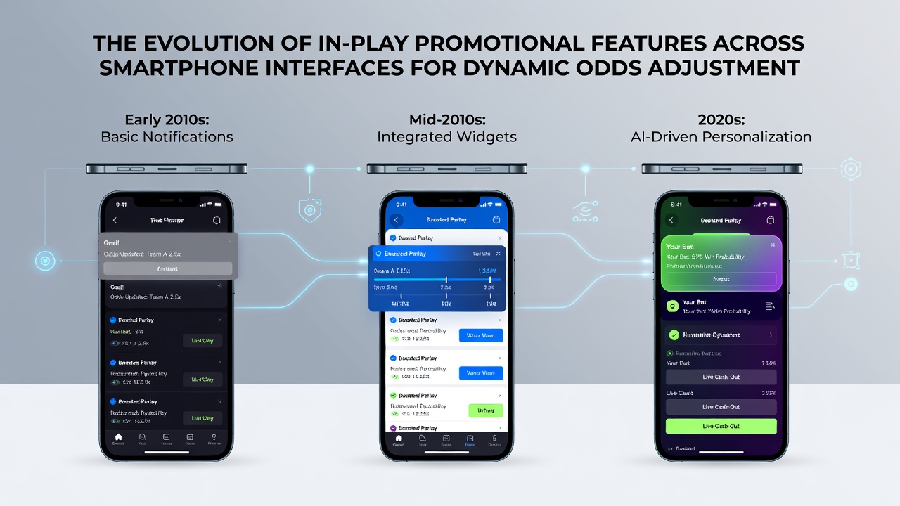 Close-up of smartphone app interface showing real-time dynamic odds adjustments during a live basketball game with promotional overlays