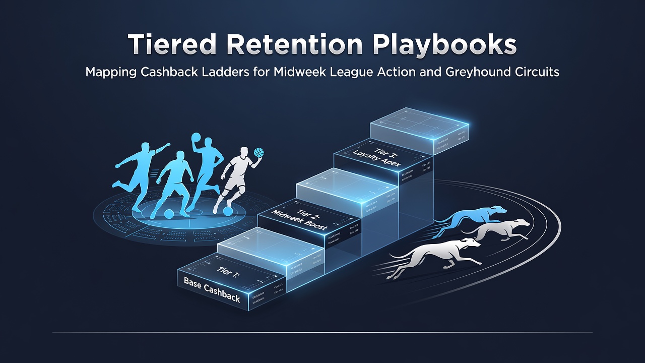 Infographic showing tiered cashback structures applied to midweek football leagues and greyhound racing circuits