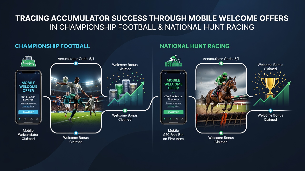 Mobile welcome offer interface showing accumulator builder for Championship football matches and National Hunt races