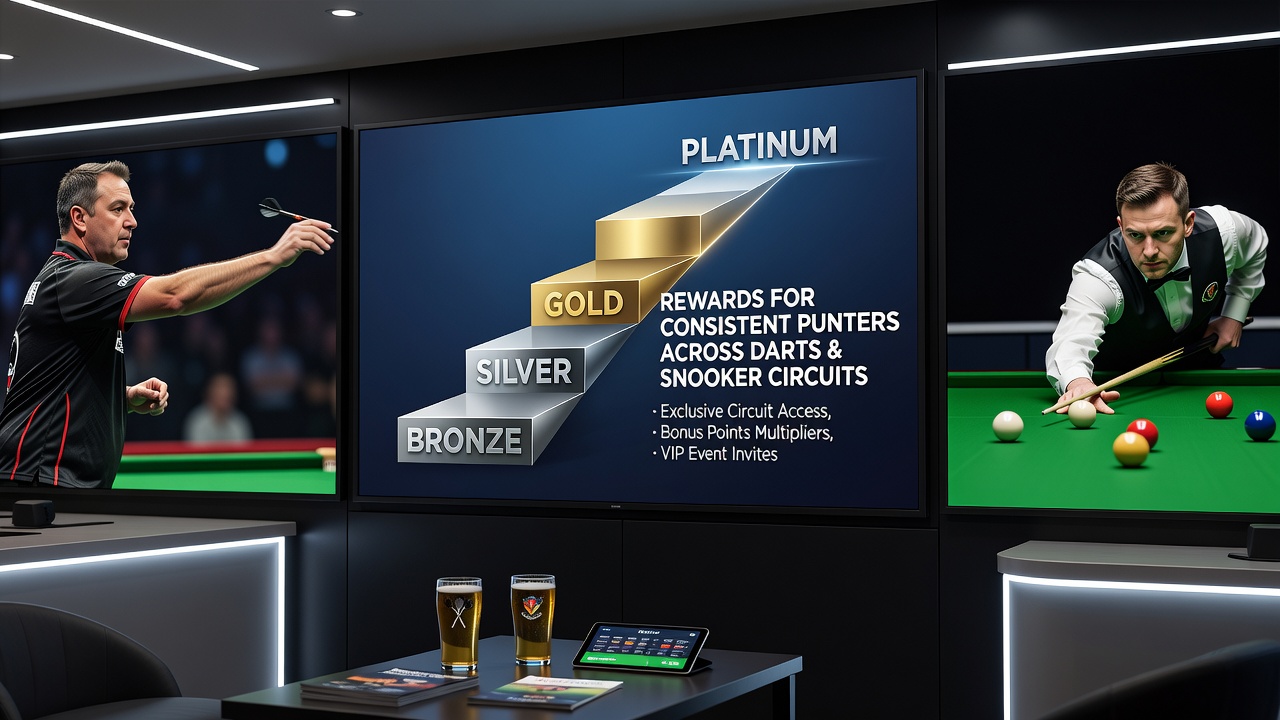 Loyalty tier dashboard showing rewards available for darts and snooker bettors on a UK operator platform