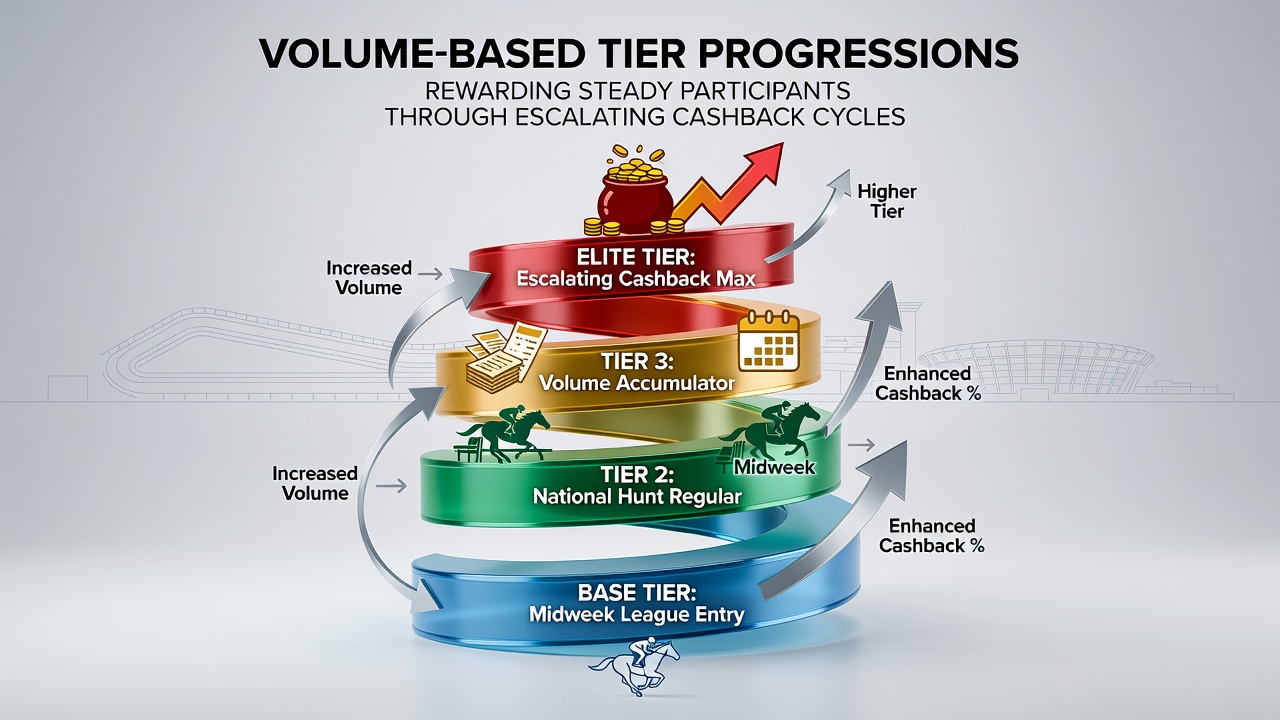 UK betting operators displaying tier progression charts for cashback rewards on midweek football and national hunt racing