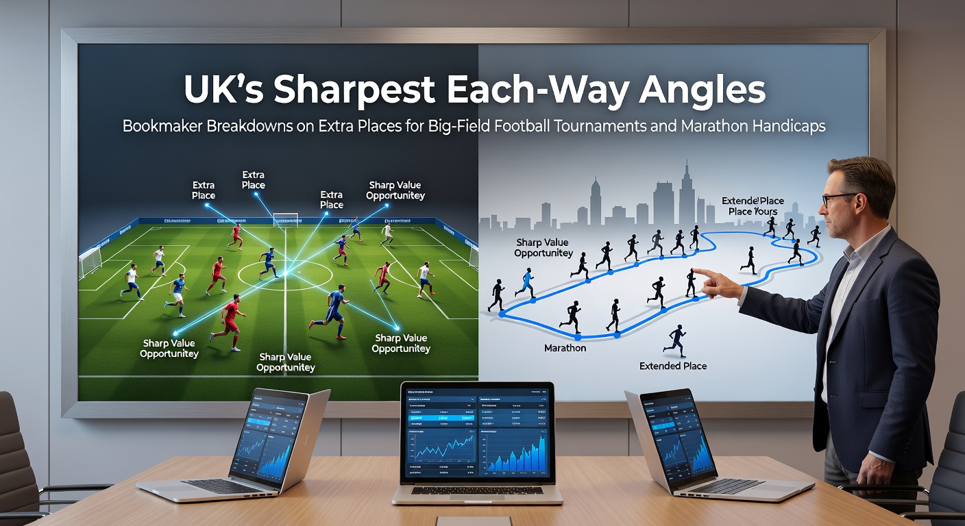 Infographic illustrating bookmaker extra place offerings for large-field horse races and football tournaments, highlighting payout structures and odds fractions