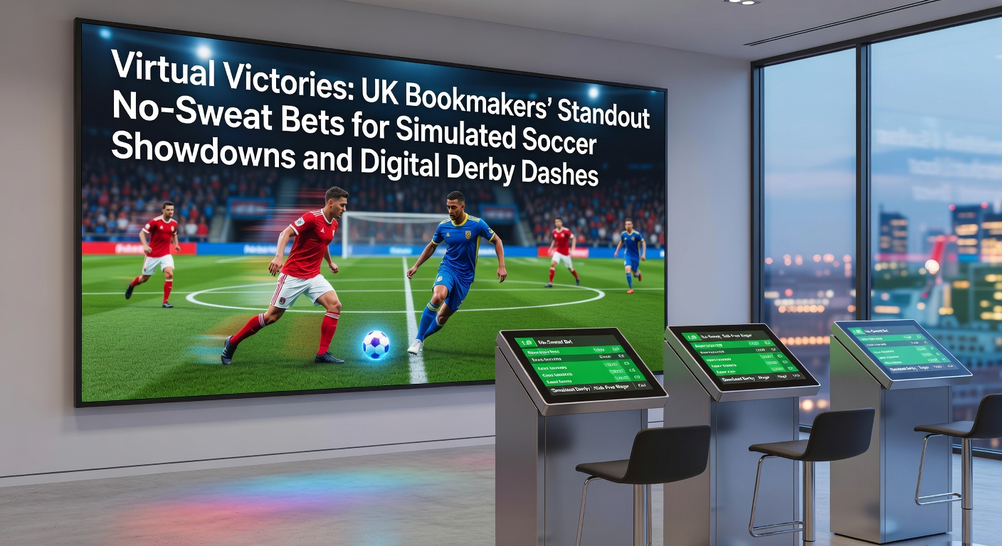 Digital soccer pitch with simulated players clashing under stadium lights, highlighting virtual betting action