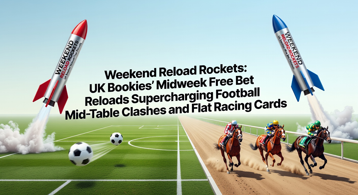 Vibrant stadium lights illuminate a mid-table football clash under rainy skies, with overlaid graphics showing free bet icons boosting odds on lesser-known matches alongside a flat racing track packed with horses thundering past the finish line