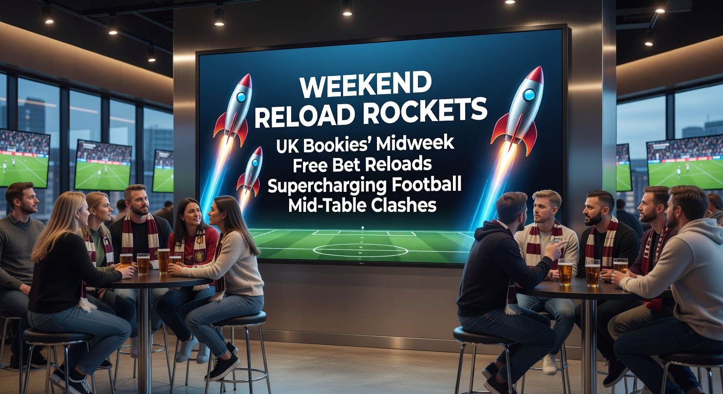 Close-up of a bookmaker's app screen displaying a midweek reload free bet offer, with icons for a flat racing card at Newmarket and a Championship football accumulator, free bet tokens glowing amid odds boosts